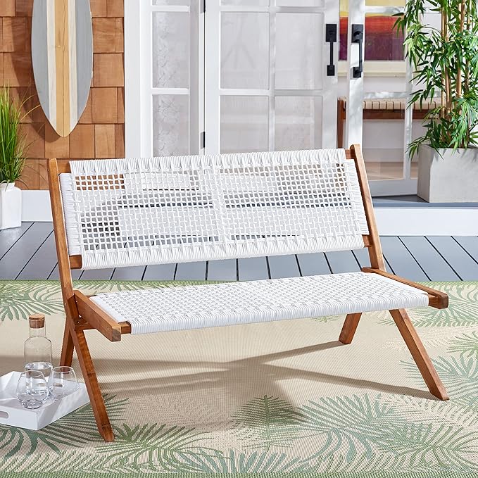 SAFAVIEH Outdoor Collection Kobina Natural Acacia Wood/White Rope Foldable Bench - Image 2
