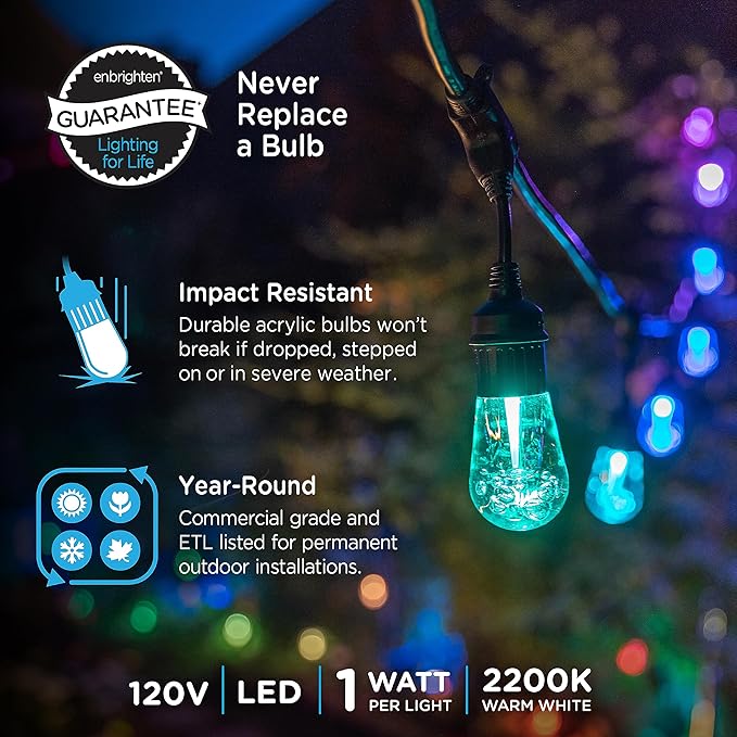 Enbrighten Vintage Outdoor String Lights, 12 RGB Acrylic Bulbs, Weatherproof - Image 2