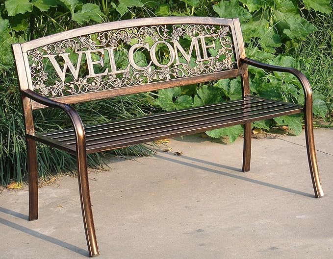 Leigh Country Metal Outdoor Bench, Welcome Design, Decorative Patio Seating - Image 2