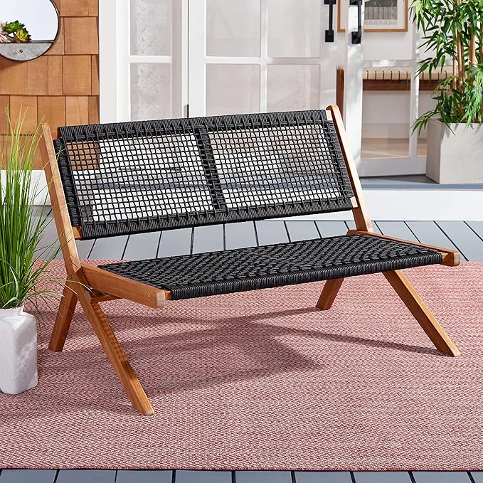 SAFAVIEH Outdoor Collection Kobina Natural Acacia Wood/Black Rope Foldable Bench - Image 2