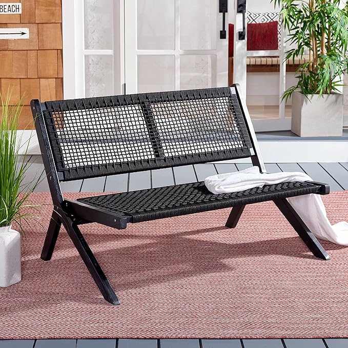 SAFAVIEH Outdoor Collection Kobina Black Acacia Wood/Black Rope Foldable Bench - Image 2