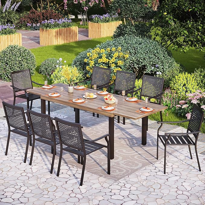 PHI VILLA Outdoor Metal Expandable Dining Table, Wood-Like Wrought Iron - Image 2