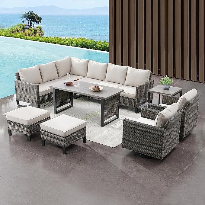 Belord Outdoor Sectional Sofa 6 Seater L Shaped Couch Wicker Patio Conversation - Image 8